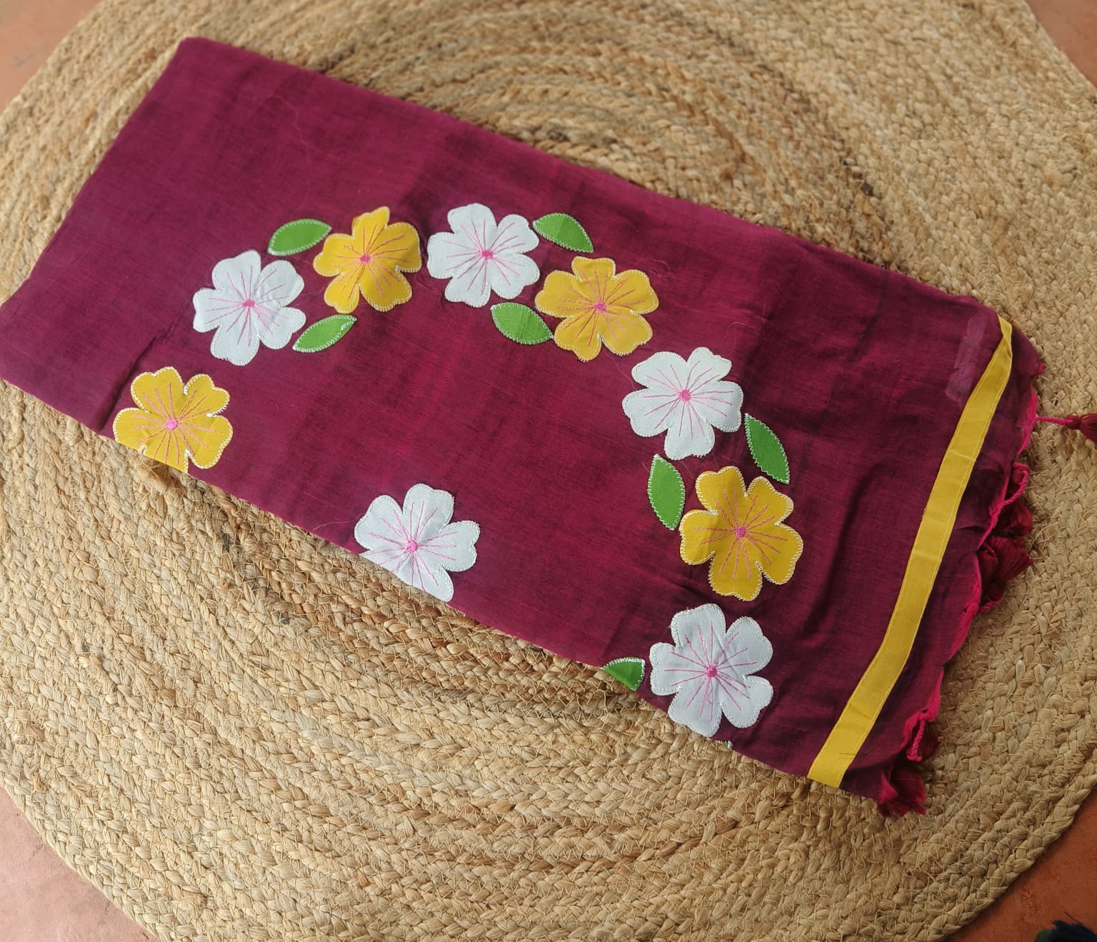 Floral Appliqué Cotton Saree